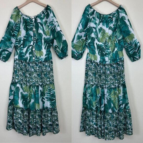 Fig and Flower Women's Size M Green Floral Sheer Smocked Maxi Tiered Dress Boho - Picture 4 of 16